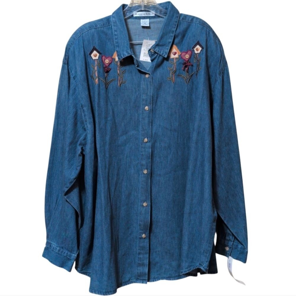 NWT Vintage Maggie & Max embroidered button down denim shirt size 3X